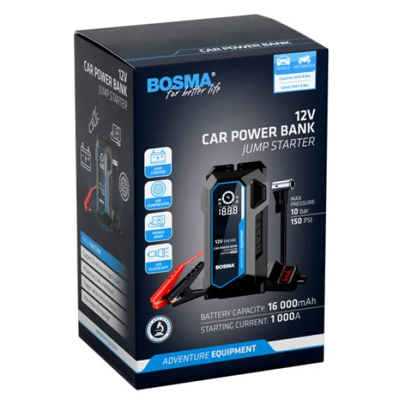 Bosma Car Power Bank 16000mAh Jump Starter 12V 1000A z kompresorem