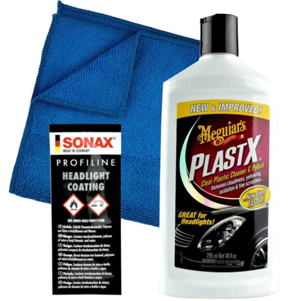 Meguiars Plast-X + Powłoka do reflektorów Sonax + mikrofibra