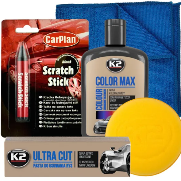 Zestaw K2 Wosk czarny + pasta do rys + kredka + aplikator i mikrofibra