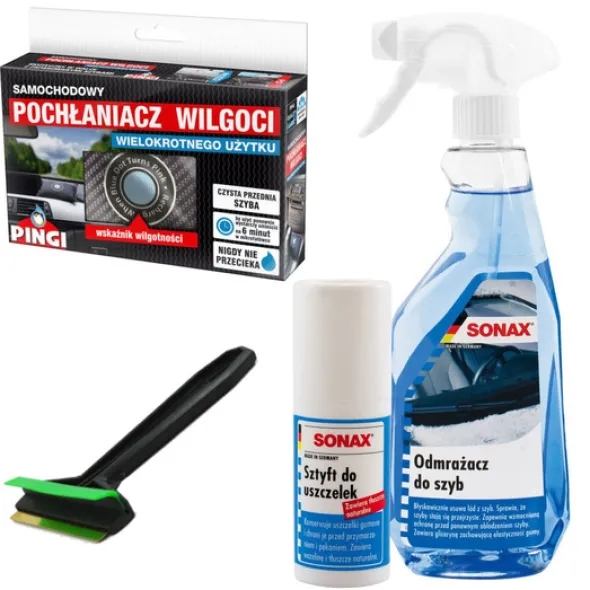 Zestaw: Sonax odmrażacz+ sztyft do uszczelek+ Pingi pochłaniacz wilgoci+ skrobaczka