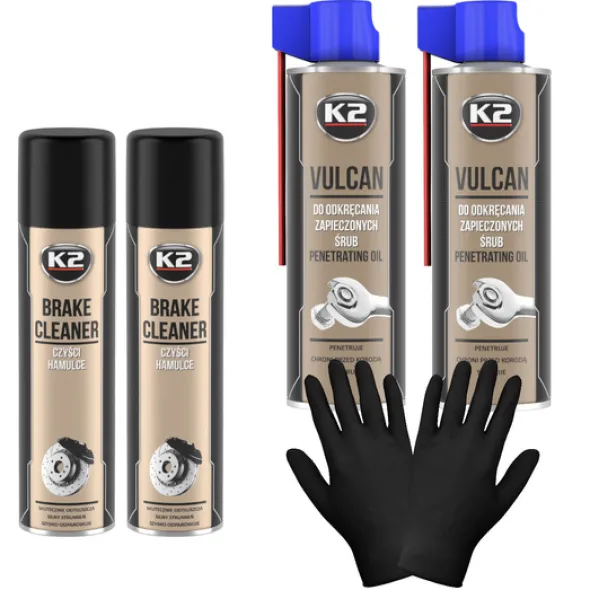 Zestaw warsztatowy: 2X K2 Brake Cleaner 600ml+2x K2 Vulcan 500ml+nitryle